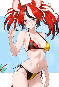 1girl absurdres alternate_costume animal_ears bikini black_hair blue_eyes bluefield bow breasts dice_hair_ornament grin hair_ornament hakos_baelz halterneck highres hololive hololive_english long_hair medium_breasts mouse_ears mouse_girl mouse_tail multicolored_bikini multicolored_hair navel red_hair side-tie_bikini_bottom sideboob smile solo stomach string_bikini swimsuit tail tail_bow tail_ornament twintails underboob v virtual_youtuber white_hair
