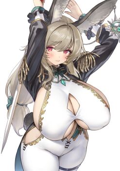 1girl animal_ears arms_up black_shrug blush bodysuit bow breasts brooch brown_hair center_opening cleavage cleavage_cutout closed_mouth clothing_cutout ear_piercing epaulettes gougasha_akira hair_bow highres hinamori_rico holding holding_sword holding_weapon huge_breasts indie_virtual_youtuber jewelry long_hair looking_at_viewer piercing rabbit_ears rabbit_girl rabbit_tail red_eyes shrug_(clothing) sideboob simple_background solo standing sword tail weapon white_background white_bodysuit