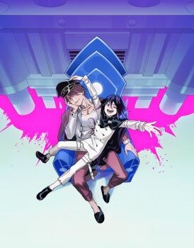2boys arm_belt arms_out asymmetrical_sleeves belt belt_buckle black_cape black_footwear black_hat blood buckle buttons cape chair coat coat_partially_removed collarbone commentary_request danganronpa_(series) danganronpa_v3:_killing_harmony double-breasted eyes_visible_through_hair fingernails full_body furrowed_brow hair_over_one_eye hand_on_headwear hand_on_own_cheek hand_on_own_face hat highres hydraulic_press jacket korean_commentary long_sleeves male_focus mismatched_sleeves momota_kaito multiple_belts multiple_boys oma_kokichi on_chair one_eye_closed open_belt open_clothes open_jacket open_mouth outstretched_arms pale_skin palms panghwi_(hyeon_sale) pants parted_lips peaked_cap pectoral_cleavage pectorals pink_blood pink_coat pink_pants pink_sleeves pool_of_blood purple_eyes purple_hair shirt shoes short_hair sitting sitting_on_lap sitting_on_person slippers smile space_print spiked_hair spoilers starry_sky_print teeth thigh_belt thigh_strap throne torn_clothes torn_pants white_belt white_jacket white_pants white_shirt white_sleeves