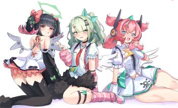 3girls absurdres angels_of_delusion aria_(zenless_zone_zero) arm_support arm_warmers back backless_dress backless_outfit bandaid bandaid_hair_ornament bare_shoulders black_hair black_skirt black_sleeves black_thighhighs blue_eyes blush bow center_frills colored_inner_hair commentary detached_collar detached_sleeves dress earrings english_commentary fingerless_gloves frilled_dress frills fur-trimmed_skirt fur-trimmed_sleeves fur_trim gloves green_bow green_eyes green_hair green_halo hair_bow hair_ornament halo harveythenerdy heart heart_hair_ornament highres jewelry leg_warmers looking_at_viewer looking_back multicolored_hair multiple_girls multiple_hair_bows multiple_hair_clips musical_note_earrings nangong_yu necktie open_mouth parted_lips pink_arm_warmers pink_bag pink_bow pink_gloves pink_hair pink_leg_warmers ponytail red_eyes red_necktie scar scar_on_back shirt short_twintails simple_background sitting skirt striped_arm_warmers striped_leg_warmers sunna_(zenless_zone_zero) thighhighs twintails v w wariza white_background white_dress white_shirt white_wings winged_bag wings zenless_zone_zero