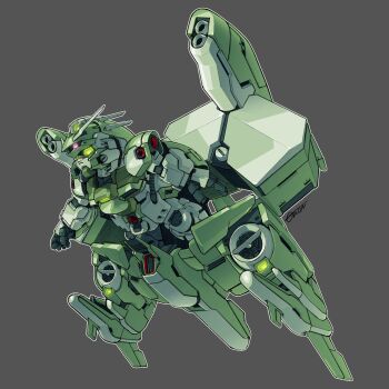 chibi commentary dendrobium_schema english_commentary full_body fusion green_eyes grey_background gundam gundam_0083 gundam_gp-03_stamen highres mecha mecha_focus mobile_armor mobile_suit neue_ziel no_humans robot science_fiction sd_gundam signature solo toilobo v-fin