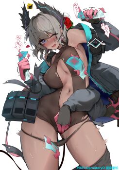 1girl absurdres arknights arm_up armpits artist_name blue_eyes blush breasts cable cable_tail clothes_tug commentary_request covering_crotch covering_privates dark-skinned_female dark_skin dormitory_director extra_arms flower gloves grey_background grey_hair hair_flower hair_intakes hair_ornament head_wings highres jacket large_breasts legs_apart long_sleeves mechanical_tail medium_hair multicolored_gloves navel nose_blush one_eye_closed open_clothes open_jacket panties panty_pull pink_gloves raidian_(arknights) raised_inner_eyebrows red_flower red_rose rose simple_background skindentation solo sweat tail trembling turtleneck two-tone_gloves unaligned_breasts underwear unusually_open_eyes unzipped white_flower white_rose wings zipper