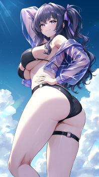 1girl absurdres ass bikini black_hair black_one-piece_swimsuit blue_eyes breasts commentary_request commission competition_swimsuit covered_navel cowboy_shot highleg highleg_one-piece_swimsuit highres large_breasts one-piece_swimsuit original ponytail shiraiwa_usagi skeb_commission solo swimsuit thigh_strap twintails two-tone_swimsuit wet wet_clothes wet_swimsuit