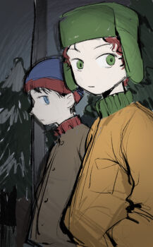 Rule 34 | 2boys, black hair, blue eyes, dark, green eyes, green hat, hat, highres, jacket, kaixinchafang, kyle broflovski, male focus, multiple boys, orange jacket, red hair, south park, stan marsh, ushanka