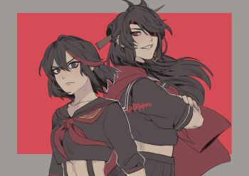 2girls :c ahjojing beidou_(genshin_impact) black_eyes black_hair black_serafuku border cloak closed_mouth collarbone commentary earrings genshin_impact grey_border hair_between_eyes hair_ornament highres jewelry key_hair_ornament kill_la_kill living_clothes long_hair looking_at_viewer matoi_ryuuko midriff multicolored_hair multiple_girls no_dickey one_eye_covered own_hands_together parted_lips pleated_skirt purple_cloak purple_eyes red_background red_hair school_uniform senketsu serafuku short_hair single_earring skirt smile streaked_hair teeth twitter_username two-tone_hair upper_body voice_actor_connection