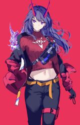 Rule 34 | 1girl, absurdres, black gloves, black pants, commentary, cowboy shot, crop top, earrings, gloves, highres, honkai (series), honkai impact 3rd, jacket, jewelry, long hair, long sleeves, looking at viewer, midriff, navel, off shoulder, open clothes, open jacket, pants, purple eyes, purple hair, raiden mei, raiden mei (herrscher of thunder), red background, red sweater, ribbed sweater, simple background, solo, sparks summer, standing, sweater, symbol-only commentary, very long hair