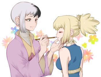Rule 34 | 1boy, 1girl, applying makeup, asagiri gen, bare shoulders, black hair, blonde hair, breasts, choker, closed eyes, closed mouth, dr. stone, facial mark, floral background, flower, hand on another's chin, hand on another's face, high ponytail, holding, japanese clothes, kimono, kohaku (dr. stone), light smile, lips, lipstick, looking at another, makeup, multicolored hair, ninomae gin, paintbrush, parted lips, pink kimono, pink lips, ponytail, rope, rope around wrist, shirt, short hair, sidelocks, simple background, sleeveless, smile, split-color hair, turtleneck, turtleneck shirt, two-tone hair, upper body, white background, white choker, white hair, white rope