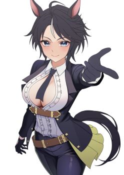 Rule 34 | 1girl, ahoge, animal ears, black hair, black necktie, blue eyes, blush, breasts, center frills, center opening, ear ornament, frilled shirt, frills, fuji kiseki (shooting star revue) (umamusume), fuji kiseki (umamusume), gloves, hair between eyes, highres, horse ears, horse girl, horse tail, inukai nagisa, jacket, long sleeves, looking at viewer, multicolored hair, necktie, shirt, short hair, smile, solo, tail, umamusume, umamusume: beginning of a new era, underbust, white hair