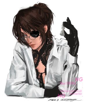 1other black_gloves black_shirt brown_eyes brown_hair chess_piece closed_mouth dated eyepatch glasses gloves hair_between_eyes hange_zoe highres holding holding_chess_piece jacket lab_coat lace_shirt looking_at_viewer medium_hair ponytail popsweetyio shingeki_no_kyojin shirt sign solo upper_body white_background white_jacket