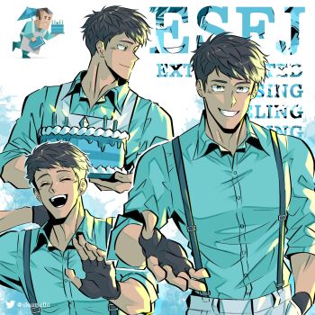 16personalities 1boy birthday_cake black_gloves black_hair blue_eyes blue_shirt blue_theme cake candle closed_eyes closed_mouth cloumello collared_shirt commentary consul_(16personalities) fingerless_gloves food gloves highres holding holding_cake holding_food looking_at_viewer male_focus multiple_views myers-briggs_type_indicator open_mouth shirt short_hair smile suspenders