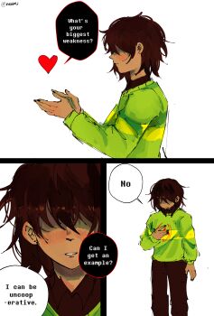 1other absurdres commentary deltarune english_commentary english_text feet_out_of_frame from_side green_sweater hair_over_eyes highres kris_(deltarune) nebbeli soul_(deltarune) speech_bubble straight-on sweater utdr_(toby_fox) watermark white_background