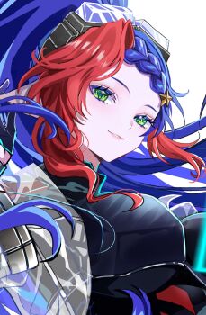 1girl black_bodysuit black_gloves blue_hair bodysuit braid breasts commentary commission english_commentary fate_justyne gloves goggles goggles_on_head green_eyes grey_jacket hair_ornament highres indie_virtual_youtuber jacket large_breasts long_hair looking_at_viewer multicolored_hair open_clothes open_jacket parted_bangs parted_lips red_hair see-through_clothes see-through_jacket simple_background smile solo star_(symbol) star_hair_ornament two-tone_hair unfinished upper_body vgen_commission virtual_youtuber white_background xxcaaan