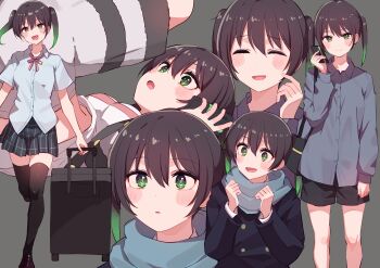 1girl absurdres black_hair black_thighhighs blush coat commentary_request cream_(nipakupa) finger_to_cheek gradient_hair green_eyes green_hair grey_background hands_up highres holding holding_phone looking_at_viewer love_live! love_live!_nijigasaki_high_school_idol_club love_live!_nijigasaki_high_school_idol_club_the_movie_-_finale multicolored_hair multiple_views nijigasaki_school_uniform phone rolling_suitcase scarf school_uniform shirt skirt smile suitcase takasaki_yu thighhighs twintails two-tone_hair