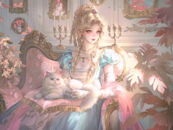 1girl absurdres animal animal_on_lap blonde_hair blue_dress blue_eyes braid breasts cat chair cleavage closed_mouth couch dress earrings elbow_gloves gloves hair_ornament highres holding indoors jewelry large_variant_set leaf long_hair looking_at_viewer makeup necklace on_lap original pearl_necklace plant puffy_short_sleeves puffy_sleeves shawl short_sleeves sitting solo variant_set white_cat white_gloves xixizi