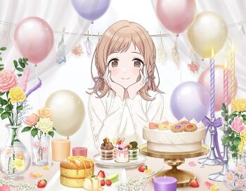 1girl balloon brown_eyes brown_hair cake candle cherry fire flower food fruit idolmaster idolmaster_shiny_colors leaf official_art sakuragi_mano smile solo strawberry vase