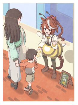 Rule 34 | 1boy, 2girls, :d, animal ears, antennae, bee costume, bee wings, black hair, black pantyhose, black shoes, black socks, blue eyes, blue shirt, blush, brown hair, brown jacket, brown shoes, brown shorts, collared shirt, commentary request, dress shirt, fake antennae, fake wings, flyer, grey pants, hair between eyes, hair ribbon, hairband, highres, holding, horse ears, horse girl, horse tail, insect wings, jacket, loafers, long hair, long sleeves, menu board, multicolored hair, multiple girls, open mouth, pants, pantyhose, pink ribbon, ponytail, puffy long sleeves, puffy sleeves, rakugakiraid, ribbon, shirt, shoe soles, shoes, shorts, smile, socks, streaked hair, tail, tokai teio (umamusume), umamusume, very long hair, white hair, white shirt, wings, yellow hairband