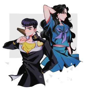 1boy 1girl black_hair blue_eyes breasts briefcase closed_mouth commentary diamond_wa_kudakenai english_commentary gakuran higashikata_josuke highres holding jojo_no_kimyou_na_bouken long_hair long_sleeves looking_at_viewer pompadour purple_hair school_uniform seirorath short_sleeves skirt small_breasts very_long_hair yamagishi_yukako