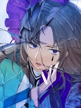 1girl bandaged_arm bandages bandana blood bloody_bandages blue_eyes bonnet broken_glass broken_mirror brown_hair coat crack cracked_glass cracked_screen devyat&#039;_association_north_uniform down_jacket dried_blood e.g.o_(project_moon) glass glass_shards green_coat hand_on_own_face heishou_pack-si_branch_(identity)_(project_moon) jacket jacket_under_coat la_manchaland_(identity)_(project_moon) limbus_company long_hair looking_at_viewer mianmianxiaoyu1 mirror mole mole_under_eye multiple_persona overcoat parted_bangs project_moon purple_bonnet purple_scarf rodion_(project_moon) scarf shattered simple_background solo teardrop_facial_mark the_sword_sharpened_with_tears_(e.g.o) white_background white_bandana white_jacket white_scarf yurodiviye_(identity)_(project_moon)