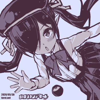 1girl :o backbeako_(torotei) backbeard beret blue_background blue_theme blush bow bowtie collared_shirt commentary dated dated_commentary dutch_angle gegege_no_kitarou hair_over_one_eye hair_ribbon hand_up hat kono_lolicon_domome long_hair long_sleeves looking_at_viewer monochrome open_mouth original paid_reward_available pleated_skirt pointy_ears ribbon shirt simple_background skirt solo suspender_skirt suspenders torotei translated twintails very_long_hair watermark waving web_address