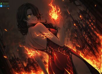1girl ai-assisted arson back back_focus black_hair blxi breasts burning burning_building choker cinder_fall deviantart_username dress evil_smile fingernails fire from_behind from_below glowing glowing_eyes glowing_markings hair_over_one_eye hand_up highres long_hair looking_at_viewer medium_breasts out_of_frame parted_lips pixiv_username pyrokinesis red_dress red_nails rwby self-upload signature smile solo thighs twitter_username yellow_eyes