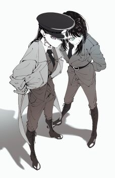 2girls arms_behind_back bang_dream! bang_dream!_it&#039;s_mygo!!!!! belt blue_eyes boots coat commentary_request doki_(oox3o) greyscale hat highres jacket knee_boots medium_hair military_uniform monochrome multiple_girls necktie open_mouth pants purple_eyes shiina_taki simple_background spot_color white_background yahata_umiri