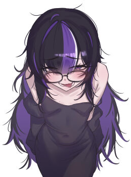 1girl absurdres armpit_crease arms_behind_back bags_under_eyes bare_shoulders black-framed_eyewear black_cardigan black_dress black_hair blunt_bangs blush breasts cardigan cchiii colored_inner_hair commentary_request cosplay covered_navel cowboy_shot dress eyes_visible_through_hair from_above glasses goddess_of_victory:_nikke hair_between_eyes half-closed_eyes highres korean_commentary label_(nikke) label_(nikke)_(cosplay) long_bangs long_hair long_sleeves looking_at_viewer looking_over_eyewear lower_teeth_only messy_hair mole mole_on_breast mole_under_eye multicolored_hair off_shoulder open_cardigan open_clothes parted_lips purple_hair raised_eyebrows saliva simple_background sleeveless sleeveless_dress small_breasts smile solo spaghetti_strap standing strap_slip streaked_hair syuen_(nikke) teeth tight_clothes tight_dress tongue tongue_out very_long_hair wavy_mouth white_background white_streaks