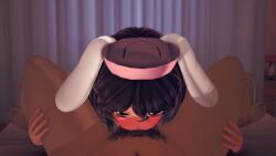 Rule 34 | 1boy, 1girl, 3d, :&gt;=, :3, animated, bed, black hair, blush, curtains, dark, dark-skinned male, dark skin, expressionless, fellatio, hair between eyes, hat, inaba tewi, indoors, lifting person, looking at viewer, mikumikudance (medium), night, nose, nurse, nurse cap, on bed, oral, pov, pov crotch, pubic hair, rabbit ears, rabbit girl, red eye, runamumuneo, short hair, smile, stethoscope, tagme, tongue, tongue out, touhou, uncensored, video