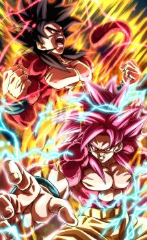 Rule 34 | absurdres, black hair, blue sash, body fur, commentary request, dougi, dragon ball, dragon ball daima, dragon ball gt, highres, long hair, male focus, monkey boy, monkey tail, multiple boys, muma maximum76, muscular, muscular male, no nipples, pants, pectorals, red fur, red hair, saiyan, sash, son goku, spiked hair, super full power saiyan 4, super saiyan, super saiyan 4, tail, yellow pants