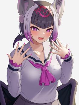 1girl :d animal_ear_fluff animal_ears ascot bat_ears bat_girl bat_wings black_hair bob_cut commentary common_vampire_bat_(kemono_friends) dated deku_suke fang folded_wings frilled_sleeves frills gradient_hair grey_skirt hands_up highres kemono_friends light_blush long_sleeves looking_at_viewer low_wings mirrored_text multicolored_hair nail_polish open_mouth pink_ascot pink_hair pink_nails pleated_skirt purple_eyes shirt short_hair signature simple_background skin_fang skirt smile solo white_background white_hair white_shirt wings