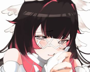 2girls bare_shoulders black_hair blunt_bangs blush bright_pupils closed_mouth columbina_(genshin_impact) commentary eye_mask feathered_wings fingernails genshin_impact gloves gradient_hair grey_eyes hair_ornament half-closed_eyes hand_on_another's_face hand_up head_wings highres holding_hands lips long_hair looking_at_viewer mask multicolored_hair multiple_girls multiple_wings pink_hair sa_3987 sandrone_(genshin_impact) sidelocks simple_background solo_focus symbol-only_commentary two-tone_hair upper_body white_background white_gloves white_mask white_pupils wings x_hair_ornament yuri