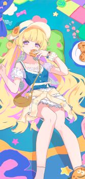 Rule 34 | 1girl, bare shoulders, blonde hair, blue shirt, breasts, candy, check clothing, chinese commentary, chips ahoy!, clothes around waist, clothing request, collarbone, commentary request, cookie, dress, flower, food, hat, hat flower, highres, holding, holding cookie, holding food, long hair, lying, off-shoulder dress, off shoulder, official alternate costume, on back, open mouth, phoebe (wuthering waves), polka dot, polka dot scrunchie, purple eyes, scrunchie, shirt, small breasts, solo, star (symbol), tacet mark (wuthering waves), white dress, white scrunchie, wrapped candy, wrist scrunchie, wuthering waves, yuishia