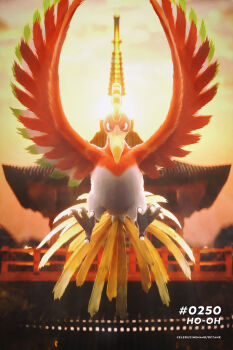 3d absurdres animal_focus artist_name bell_tower_(pokemon) bird building celebi350300687 character_name cinema_4d_(medium) closed_mouth commentary flying full_body gen_2_pokemon highres ho-oh legendary_pokemon nintendo no_humans orange_eyes pokedex_number pokemon pokemon_(creature) pokemon_focus sky straight-on sun talons