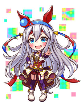 1girl animal_ears blue_eyes blue_hairband blush bodice boots breasts chibi chibi_only choker collarbone commentary_request corset cropped_jacket ear_covers fang full_body garter_straps grey_hair grey_tail hair_between_eyes hairband headband highres horse_ears horse_girl horse_tail jacket long_hair long_sleeves looking_at_viewer midriff_peek multicolored_hairband navel open_mouth overskirt pendant_choker purple_choker purple_garter_straps purple_thighhighs red_corset red_headband red_shorts shirt shorts small_breasts smile solo star_(symbol) starting_future_(umamusume) striped_clothes striped_hairband sugimotty_nova tail tamamo_cross_(umamusume) thighhighs two-tone_hairband umamusume umapyoi_densetsu very_long_hair white_boots white_jacket white_shirt wristband