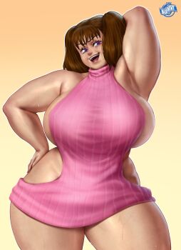 Rule 34 | 1girl, armpits, blurent, breasts, brown hair, diane (nanatsu no taizai), hand on own hip, highres, huge breasts, nanatsu no taizai, plump, purple eyes, sideboob, teeth, twintails, virgin killer sweater