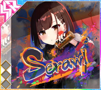 Rule 34 | 1girl, album cover, black jacket, black nails, black shirt, blue hair, blush, brown eyes, brown hair, can, colored inner hair, cover, diffraction spikes, dot nose, ear piercing, earrings, english text, fur-trimmed jacket, fur trim, game cg, glint, graffiti, hair ornament, hairclip, hand up, holding, holding can, idol wars, jacket, jewelry, long sleeves, looking at viewer, multicolored hair, necklace, official art, open clothes, open jacket, paint splatter, parted lips, piercing, saito shizuku, shirt, short hair, solo, stud earrings, third-party source, upper body, urban