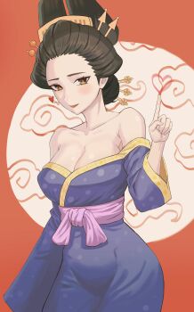 Rule 34 | 1girl, absurdres, bangs pinned back, bare shoulders, black hair, blue kimono, blush, breasts, brown eyes, cleavage, collarbone, commentary request, cowboy shot, daki (kimetsu no yaiba), drawn heart, hair ornament, hair stick, hand up, highres, index finger raised, japanese clothes, kimetsu no yaiba, kimono, kimono partially removed, large breasts, looking at viewer, open mouth, oro (lsg0624), pink sash, sash, short hair, smile, solo