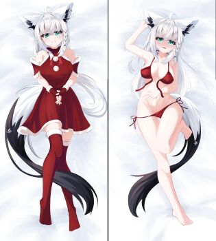 1girl absurdres ahoge animal_ear_fluff animal_ears barefoot bikini blush body_pillow braid commentary_request detached_sleeves dress earrings feet fingerless_gloves fox_ears fox_girl fox_tail gloves green_eyes hair_between_eyes highres hololive jewelry jhsang1996 long_hair looking_at_viewer lying on_back pentagram pillow red_bikini red_gloves red_thighhighs santa_costume santa_dress shirakami_fubuki sidelocks single_braid solo swimsuit tail thighhighs toes virtual_youtuber white_hair zettai_ryouiki