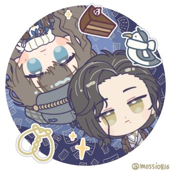 Rule 34 | 2girls, :|, ascot, bird, black hair, blue background, blue eyes, brown coat, brown hair, cake, cake slice, chibi, chocolate cake, closed mouth, coat, food, greta hofmann, grey hat, grey jacket, hat, highres, hofmann knot, jacket, long hair, looking at viewer, marcus (reverse:1999), mole, mole under eye, mole under mouth, mossi (mossi0816), multiple girls, newsboy cap, reverse:1999, rotational symmetry, round image, sachertorte (food), scarf, seagull, shirt, sparkle, twitter username, upper body, upside-down, white ascot, white scarf, white shirt, yellow eyes