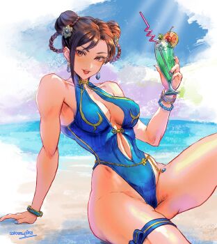 1girl :d alternate_costume artist_name bare_shoulders beach blue_nails blue_one-piece_swimsuit breasts brown_eyes brown_hair capcom chun-li cup curvy double_bun drinking_glass drinking_straw earrings female_focus hair_bun highleg highleg_one-piece_swimsuit highres holding holding_cup jewelry looking_at_viewer mandarin_collar mitsu_plus ocean official_alternate_costume one-piece_swimsuit open_mouth shiny_skin sitting smile solo street_fighter street_fighter_6 swimsuit wide_hips