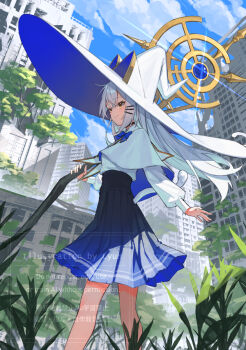 1girl animal_ears blue_skirt blue_sky building cat_ears cat_tail cloud commentary_request grass hat highres holding holding_staff large_hat long_hair lyun original outdoors plant shirt skirt sky slit_pupils solo staff standing tail the_white_cat_witch_(lyun) tree two-sided_fabric white_hair white_shirt witch witch_hat yellow_eyes