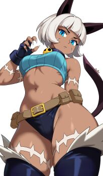 1girl absurdres animal_ears bare_shoulders belt blue_eyes bob_cut breasts brown_belt buckle cat_ears cat_girl cat_tail choker collar crop_top dark-skinned_female dark_skin detached_leggings fingerless_gloves fingernails frown fur_trim gloves highres leggings looking_at_viewer midriff ms._fortune_(skullgirls) navel oxidel pouch ribbed_shirt scar scar_on_arm scar_on_leg sharp_fingernails shirt short_hair skullgirls sleeveless sleeveless_shirt solo strapless tail toned toned_female underwear utility_belt white_hair white_nails