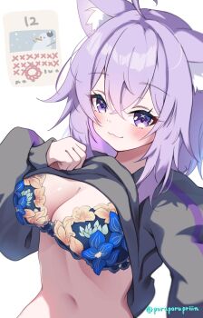 1girl :3 ahoge animal_ear_fluff animal_ears black_hoodie blue_bra blush bra breasts calendar_(object) cat_ears cat_girl cleavage closed_mouth clothes_lift commentary_request eyelashes flower-trimmed_bra highres hololive hood hoodie hoodie_lift large_breasts long_sleeves navel nekomata_okayu nekomata_okayu_(1st_costume) poruporupriiin purple_eyes purple_hair simple_background sleeves_past_wrists solo stomach twitter_username underwear virtual_youtuber white_background yellow_bra