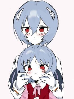 2girls :c :| age_difference aged_down ayanami_rei blue_hair blush bodysuit cheek_squash clone closed_mouth collared_dress commentary_request crossed_bangs dress dual_persona expressionless front-to-back frown hair_between_eyes height_difference highres interface_headset_(evangelion) layered_dress looking_at_viewer loose_hair_strand mecha_pilot_suit multiple_girls neon_genesis_evangelion pale_skin parted_bangs pink_dress plugsuit_(evangelion) pom_pom_(clothes) red-framed_eyewear red_eyes sao_(55_nyu) short_hair simple_background spoilers upper_body white_background white_bodysuit