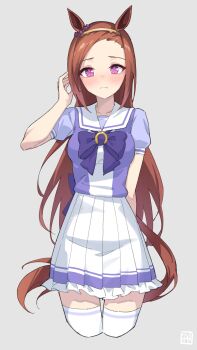 1girl absurdres animal_ears arm_behind_back blush brown_hair closed_mouth forehead highres horse_ears horse_girl horse_tail long_hair looking_at_viewer profnote purple_eyes purple_shirt sailor_collar sakura_bakushin_o_(umamusume) school_uniform shirt short_sleeves sidelocks skirt solo tail thighhighs tracen_school_uniform umamusume white_sailor_collar white_skirt white_thighhighs