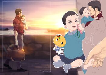 2boys baby blue_shirt boat bridge carrying carrying_person child child_carry commentary_request fatherly highres holding_hands kiryu_kazuma laughing looking_to_the_side multiple_boys nicacu no_jacket ono_michio pants red_shirt ryuu_ga_gotoku_(series) ryuu_ga_gotoku_6 sawamura_haruto shirt sky socks stuffed_toy sunlight watercraft white_pants