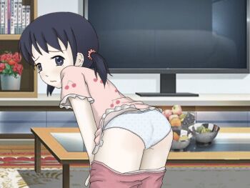 1girl animated animated_gif apple ass black_eyes black_hair blush book bookshelf bowl cherry cherry_print clothes_pull embarrassed female_focus flat_chest flower food food_print from_behind fruit fruit_print grapes indoors loli looking_at_viewer looking_back orange_(fruit) panties pants pants_pull panty_pull pink_pants pink_shirt plant polka_dot polka_dot_panties potted_plant print_shirt rug sccssc123 shirt short_hair short_sleeves solo table tears television twintails underwear white_panties