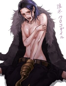 1girl black_hair blue_hair breasts covering_breasts covering_privates crocodile_(one_piece) female_focus genderswap genderswap_(mtf) hook hook_hand lily_(artist) lowres one_piece scar solo stitches topless_female translated