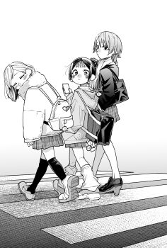 3girls absurdres arm_at_side backpack bag bag_charm blush cellphone charm_(object) closed_eyes closed_mouth coat crosswalk from_behind full_body fur-trimmed_coat fur_trim gavucchi greyscale hair_behind_ear hair_bun hand_up high_heels highres holding holding_phone hood hood_down hooded_jacket jacket leaning_forward leg_warmers long_sleeves looking_at_viewer looking_back medium_hair miniskirt monochrome multiple_girls original outdoors over-kneehighs parted_bangs phone pleated_skirt raised_eyebrows scarf school_bag school_uniform shoes short_hair shoulder_bag side-by-side sideways_glance single_hair_bun skirt smartphone sneakers thighhighs turning_head walking wide_sleeves winter_clothes winter_coat