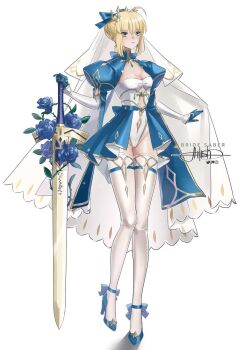 Rule 34 | 1girl, adapted costume, ahoge, artist name, artoria pendragon (fate), blue dress, bridal veil, character name, commentary, dress, english commentary, excalibur (fate/stay night), fate/stay night, fate (series), full body, green eyes, highres, juliet sleeves, leotard, long sleeves, princess ailish, puffy sleeves, saber (fate), signature, solo, thighhighs, tiara, veil, white leotard
