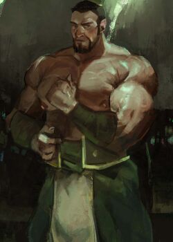 1boy 77tsutsu absurdres avatar:_the_last_airbender avatar_legends bara brown_hair bulge clenched_hand cowboy_shot facial_hair goatee highres huge_pectorals long_sideburns looking_at_viewer male_focus mature_male muscular muscular_male nipples painterly pelvic_curtain short_hair sideburns solo standing strongman_waist the_boulder_(avatar) thick_eyebrows topless_male
